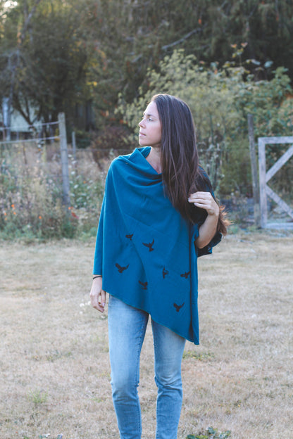 Moroccan Blue Poncho with Birds Print