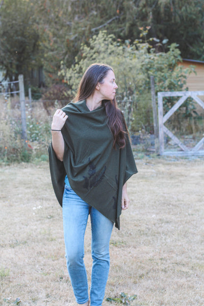 Forest Green Poncho with Fern Print