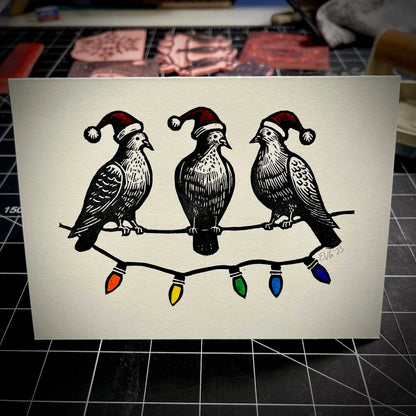 Three Pigeons Slaying Holiday Card | LINOCUT CARD