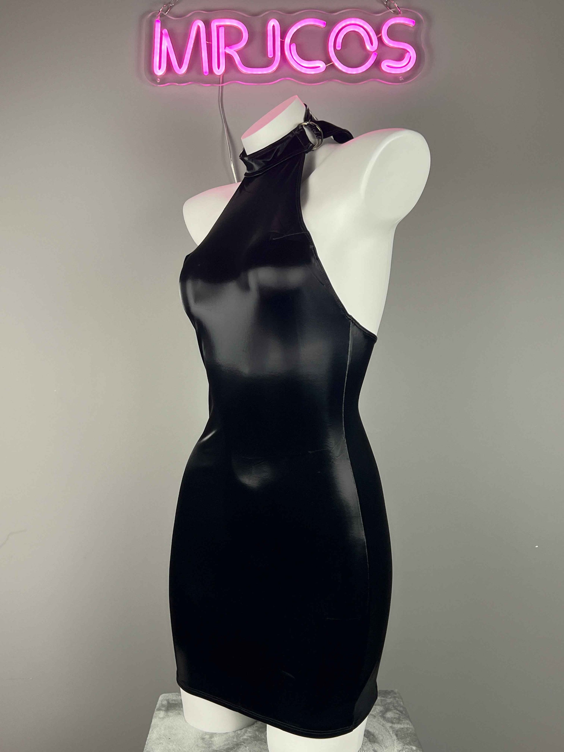 Gothic Sleeveless PU Leather Halter Party Dress Lingerie