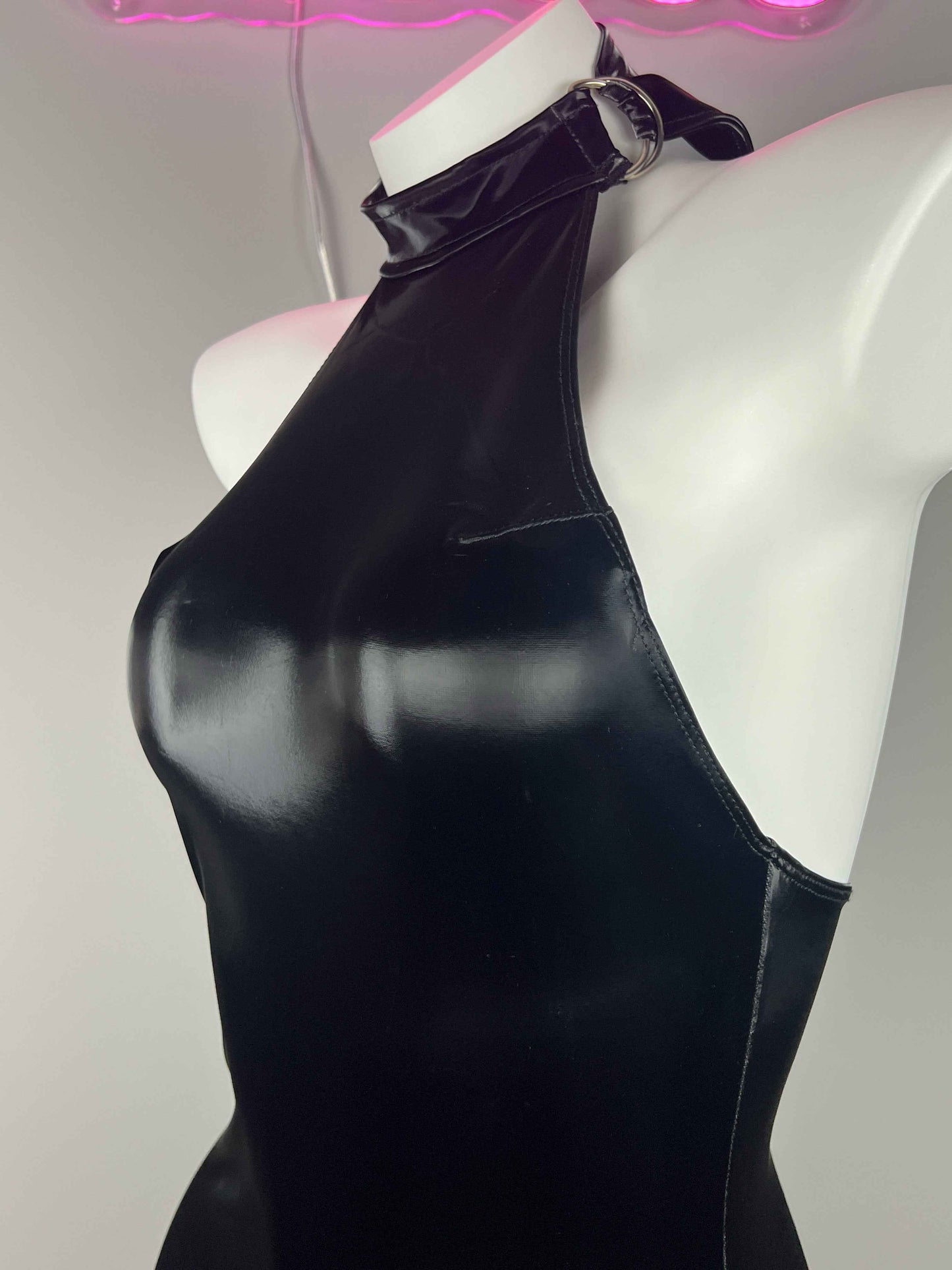 Gothic Sleeveless PU Leather Halter Party Dress Lingerie
