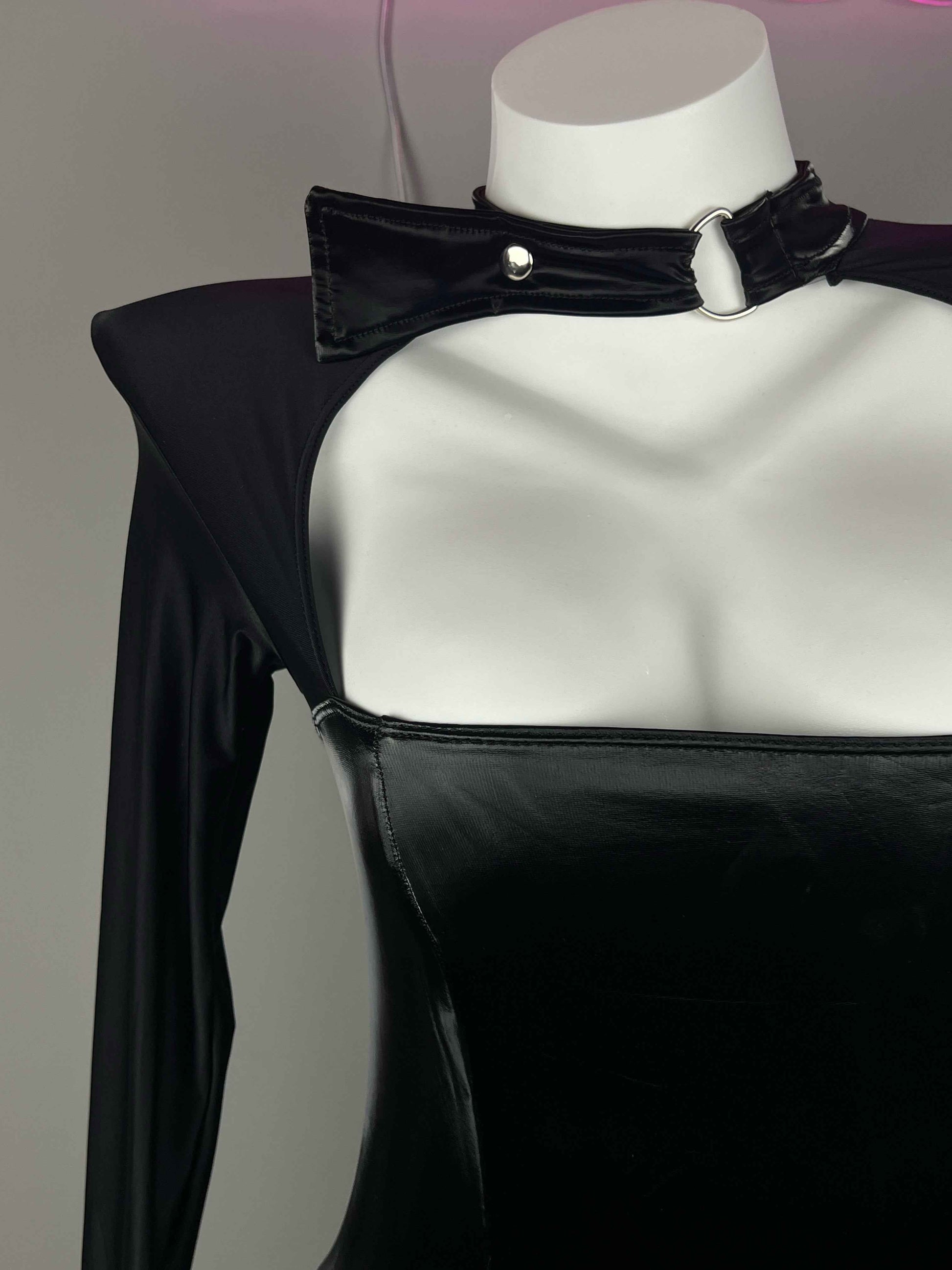 Gothic Long Sleeves Spandex Leather Garter Belt Tight Party Dress Lingerie