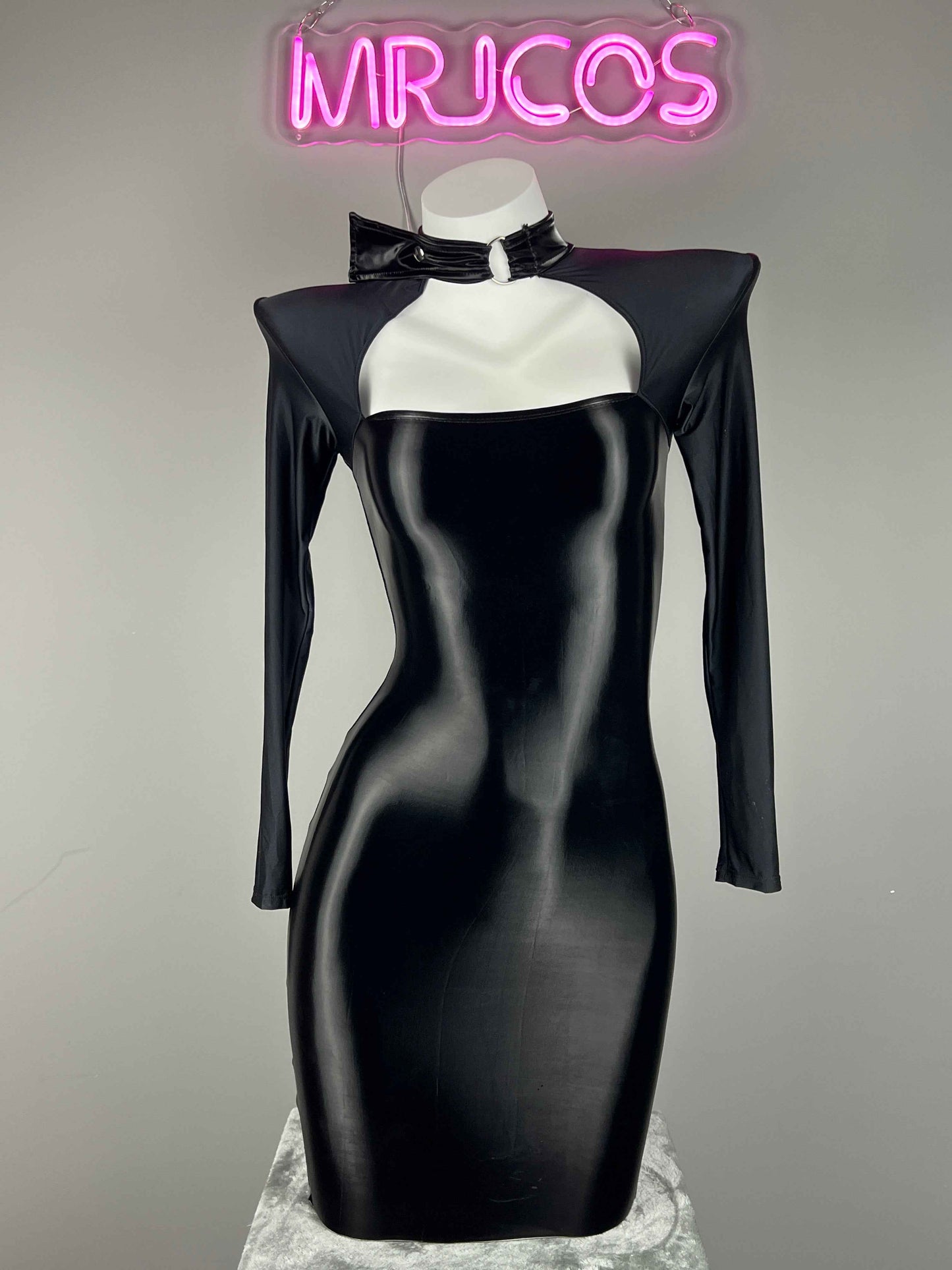 Gothic Long Sleeves Spasndex PU Leather Tight Party Dress Lingerie