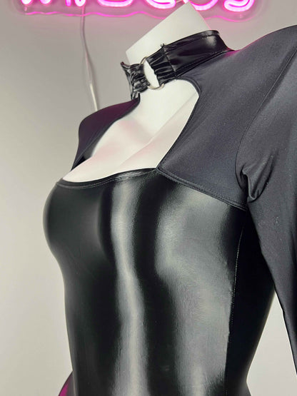 Gothic Long Sleeves Spasndex PU Leather Tight Party Dress Lingerie