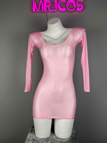 Long Sleeves Sheer See Through Short Dress Lingerie Set with Pantyhose