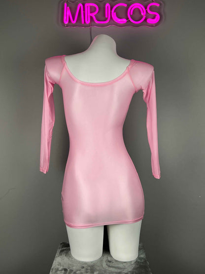 Long Sleeves Sheer See Through Short Dress Lingerie Set with Pantyhose