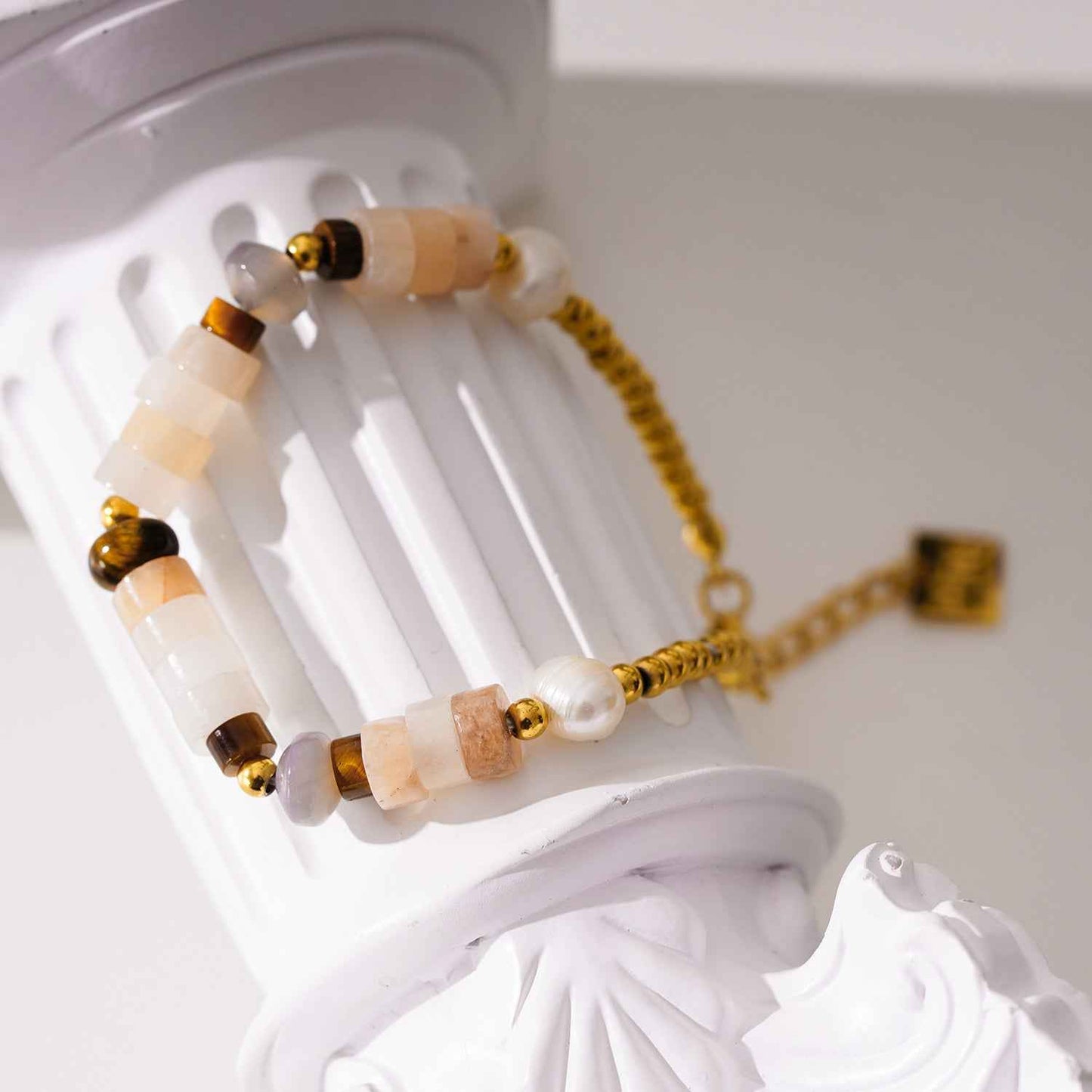 JERASA: Chalcedony Stones, Fresh Water Pearls & Gold Ball-Beaded Bracelet.