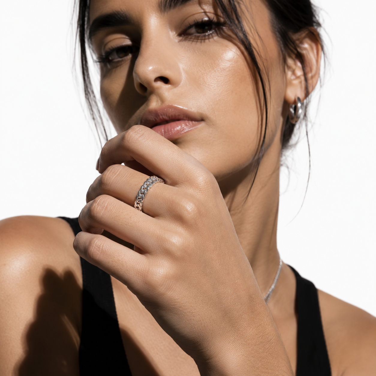 LUCAS Silver (White Gold): Double Stacked Herringbone Design Textured Ring