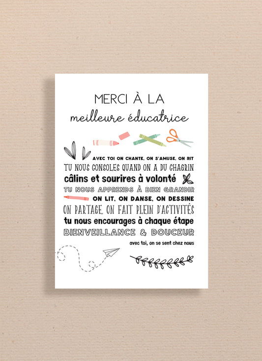 Carte Merci à la meilleure éducatrice