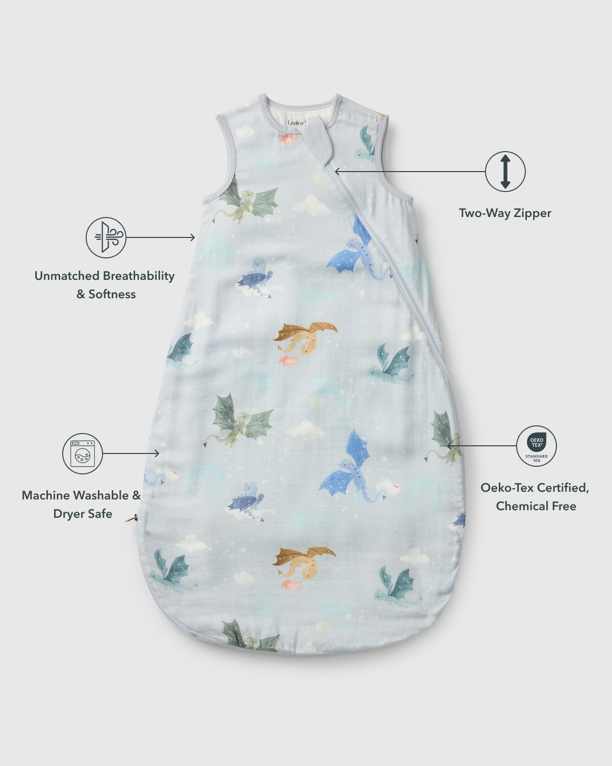Baby Bamboo Muslin Sleep Sack 0.5 TOG - Magical Dragons