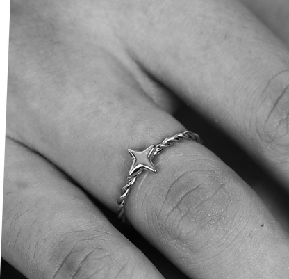 NICOLE Silver (White Gold): Textured Ring with a Four Point Star Centre Piece