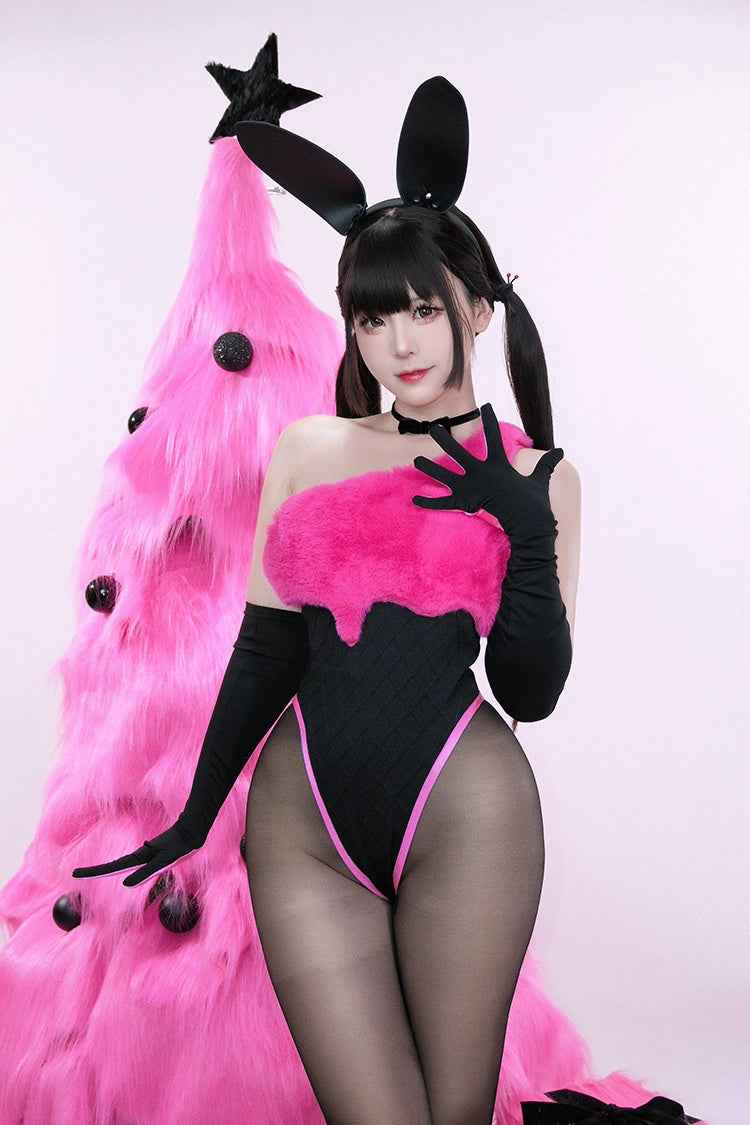 Anime Strawberry Ice Cream Style Bunny Girl Knitted Black Pink Bodysuit Lingerie Set