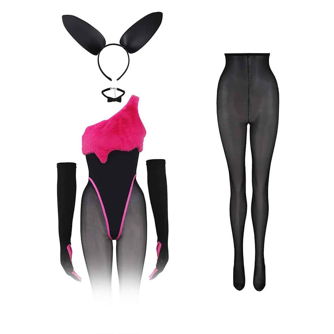 Anime Strawberry Ice Cream Style Bunny Girl Knitted Black Pink Bodysuit Lingerie Set