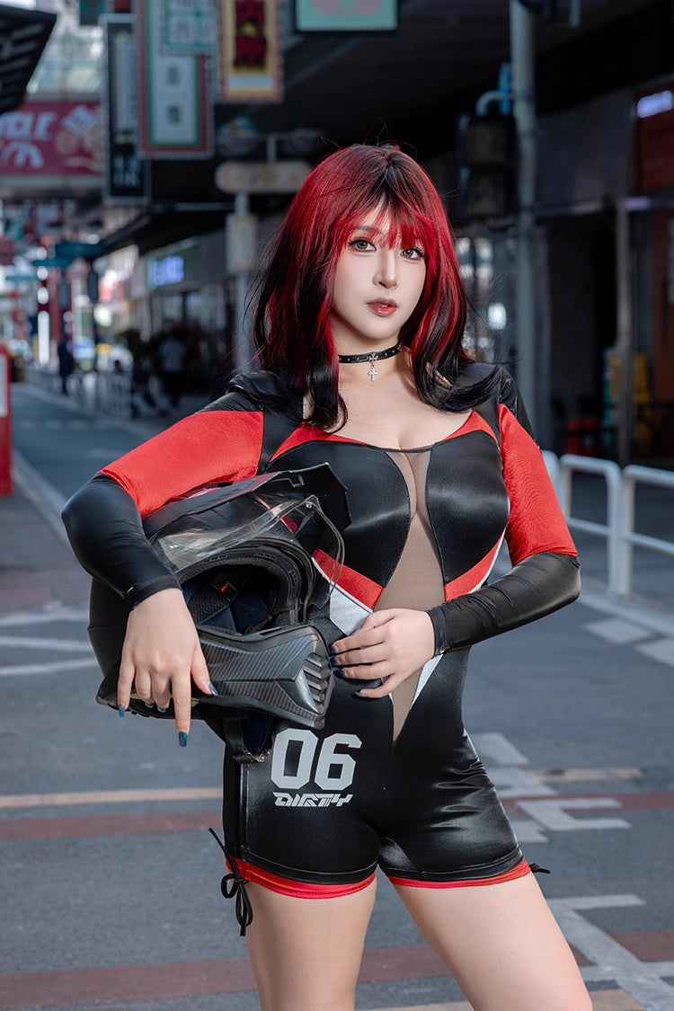 Black and Red One-Piece Spandex Race Queen Bodysuit Cotume with Sheer Mesh