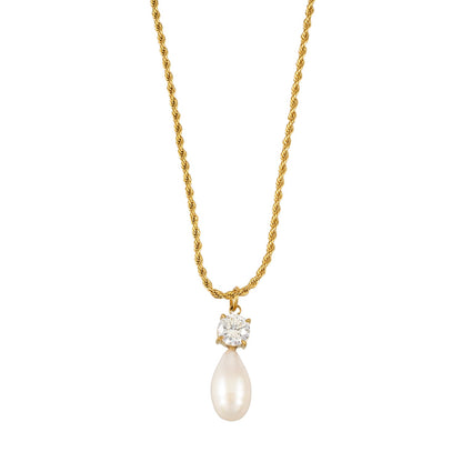 ORSOLIA Gold: Vintage Rope Chain Necklace with Freshwater Pearl & Solitaire Zirconia Charm