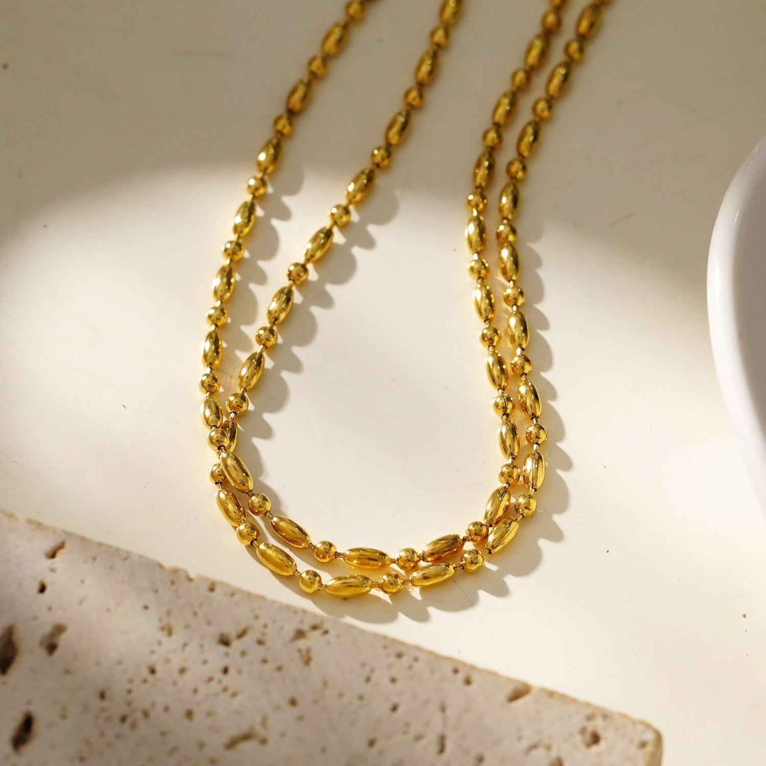 GUADIX: Double Layered Oval & Round Beaded Chain Necklace
