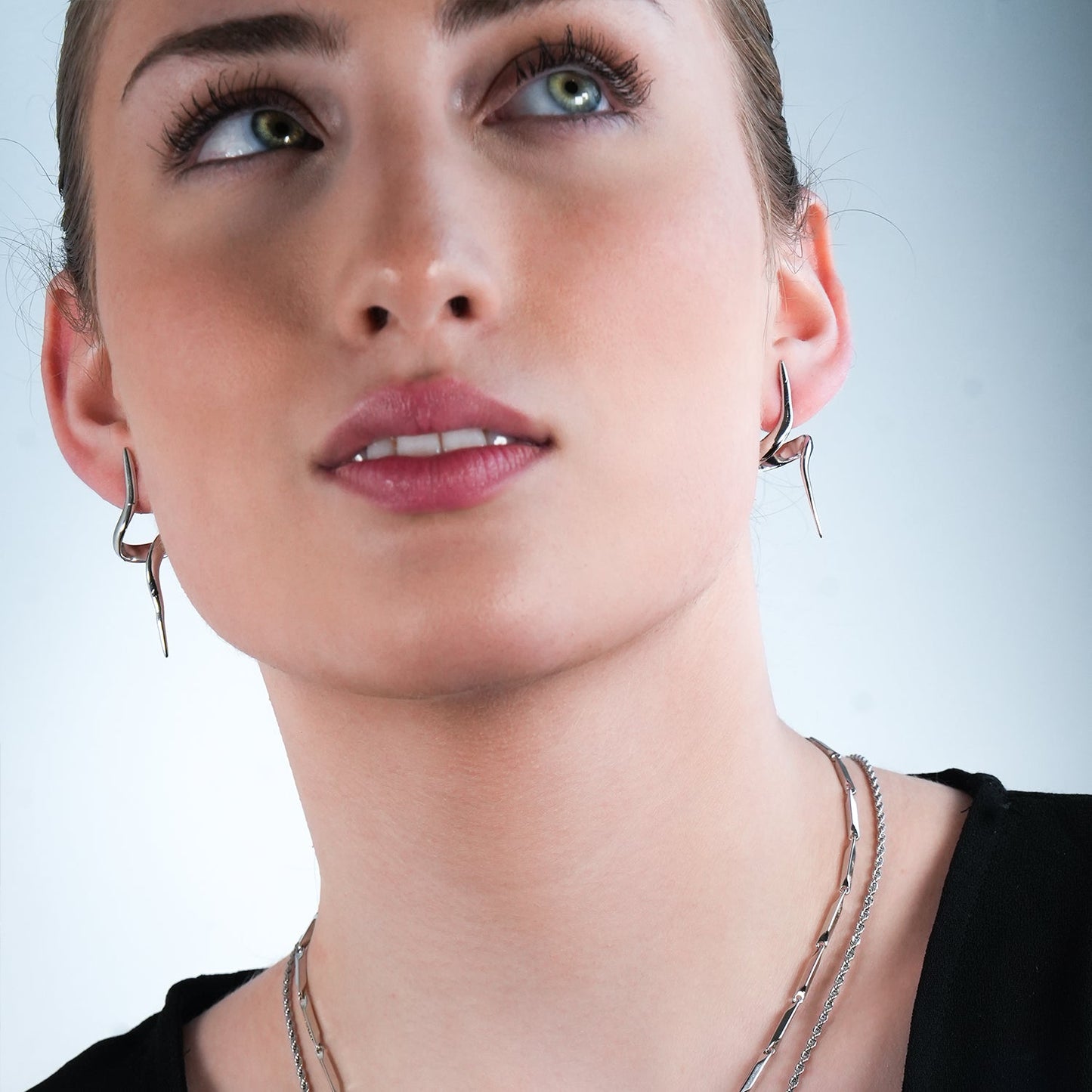 PORTNA Silver (White Gold): Sculptural Serpent Curve Earrings