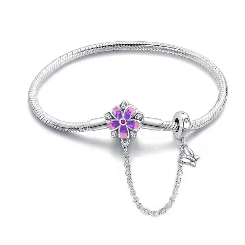 Sterling Silver Floral Charm Bracelet with Safety Chain
