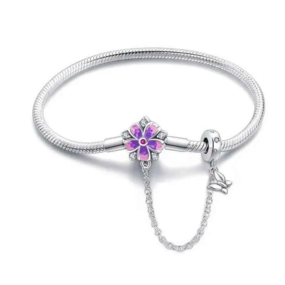 Sterling Silver Floral Charm Bracelet with Safety Chain