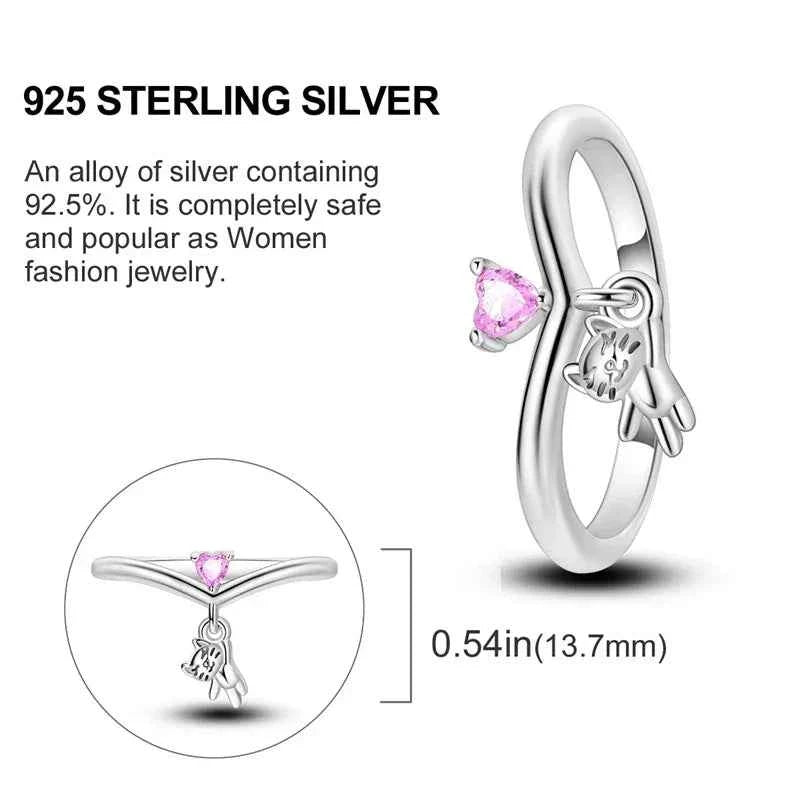 925 Sterling Silver Pink Cat Heart Charm Ring