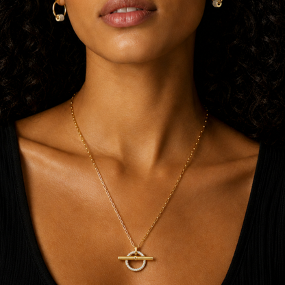 SADIKA Gold: Modern Pavé Zirconia Halo Toggle Necklace