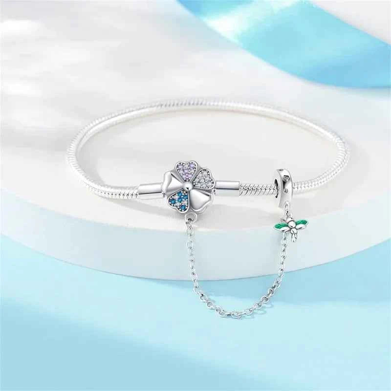 Sterling Silver Clover & Dragonfly Charm Bracelet with Safety Chain