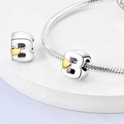 925 Sterling Silver Initial Charm with Gold Heart