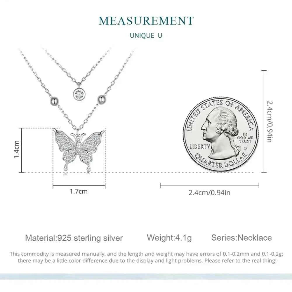 925 Sterling Silver Double-layer Tassel Butterfly Pendant Necklace for Women - Elegant Fine jewelry