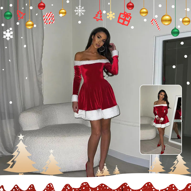 Women's Santa Costume Dress – Off-Shoulder Christmas Party Dress with Plush Trim