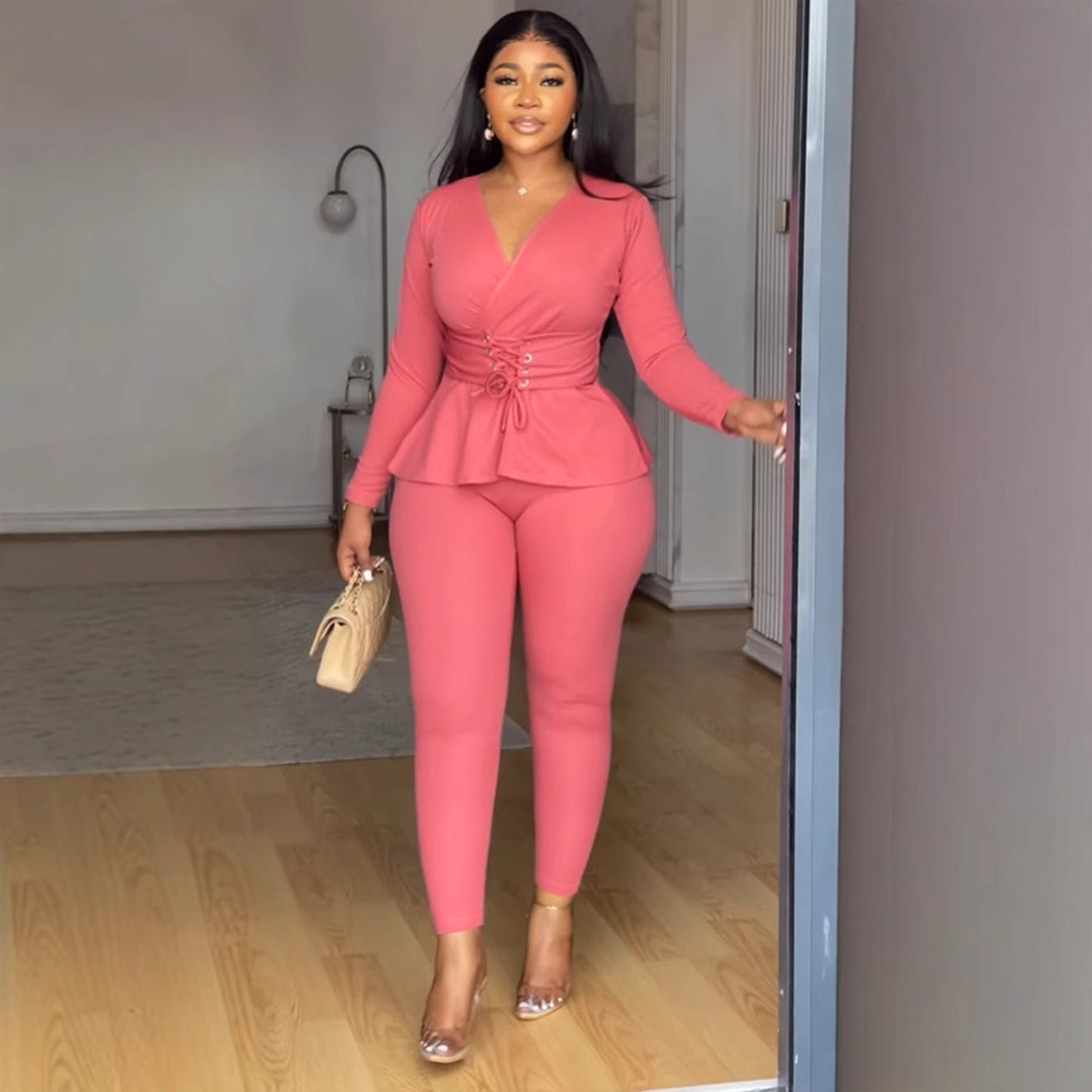 Women's V-Neck Two Piece Set – Long Sleeve Top and Pants Elegant Workwear Outfit