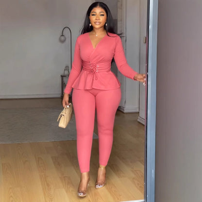 Women's V-Neck Two Piece Set – Long Sleeve Top and Pants Elegant Workwear Outfit