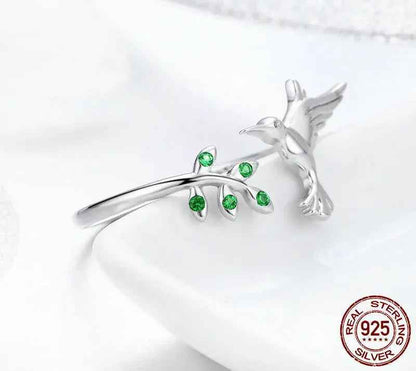 925 Sterling Silver Green Tree & Bird Open Ring
