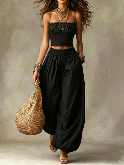 Women's Strapless Two Piece Set – Crop Top and Wide Leg Lantern Pants Outfit
