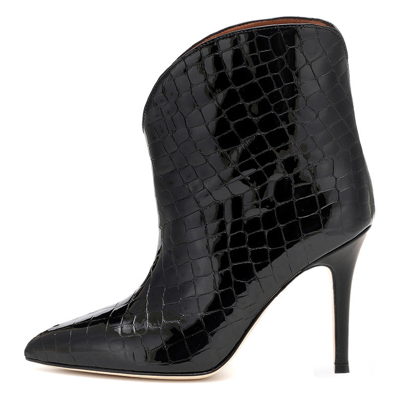 Women's Patent Leather Stiletto Ankle Boots – Pointed Toe Stone Pattern Fashion Boots