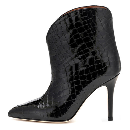 Women's Patent Leather Stiletto Ankle Boots – Pointed Toe Stone Pattern Fashion Boots