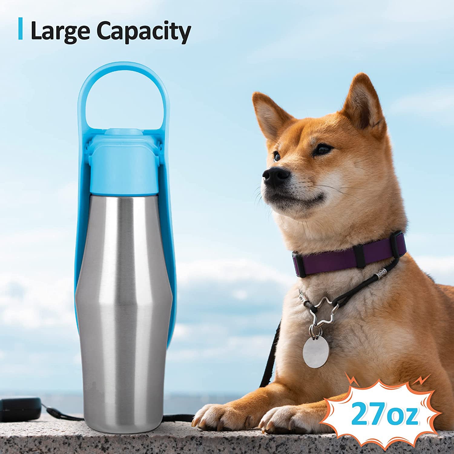 750ml Portable Dog Water Bottle – Stainless Steel Pet Water Dispenser with Silicone Bowl