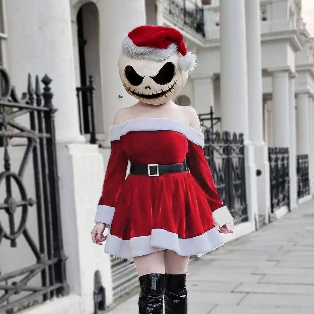 Women's Santa Costume Dress – Off-Shoulder Christmas Party Dress with Plush Trim
