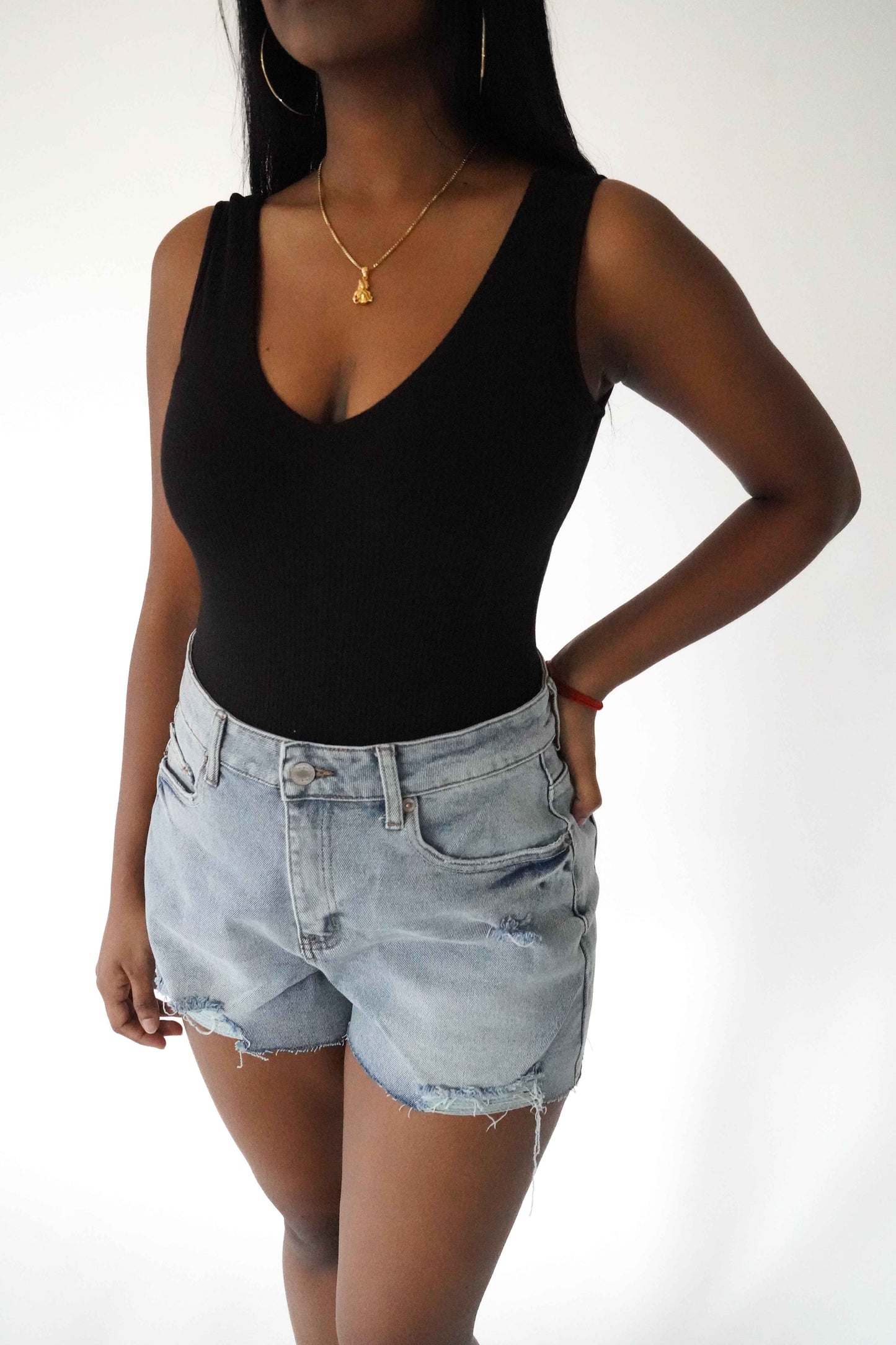 Bodysuit en rib col en V noir