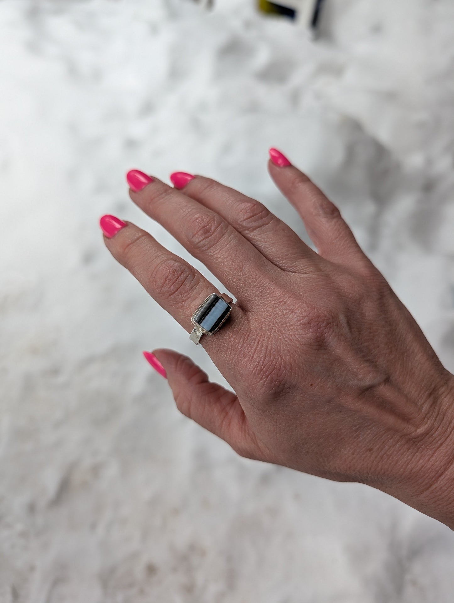 Blue Opal Rectangle Statement Ring | Sterling Silver | size 9